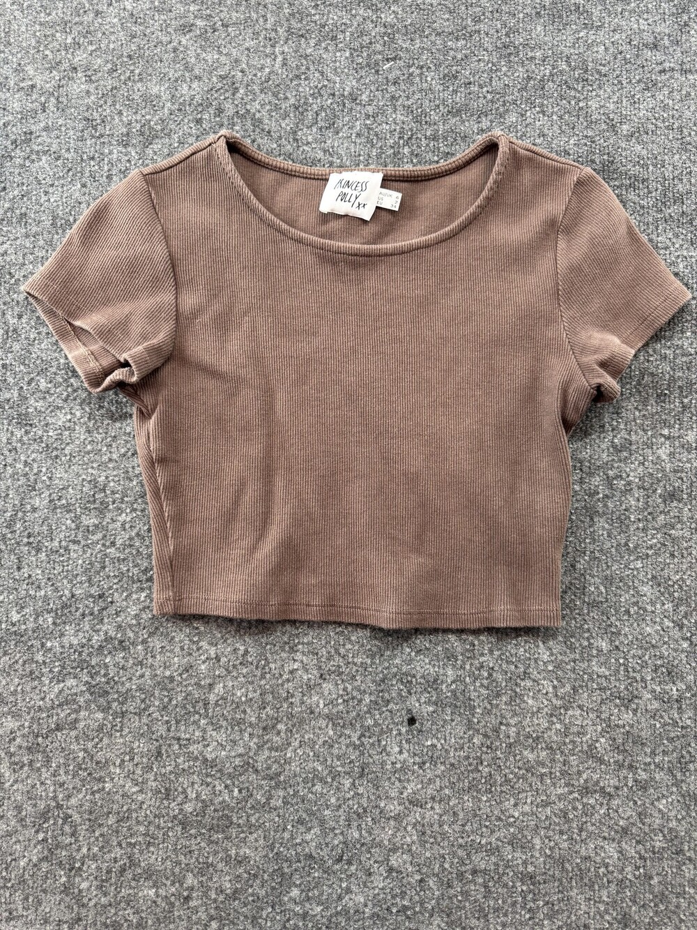 Princess Polly Crop Top Womens 2 Brown Ribbed Short Sleeve Crewneck Stretch Tee